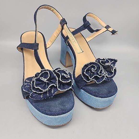 Maeve Platform Denim Sandals Shoes Heels Eur 40 US 9.5 Strappy Buckle - Picture 1 of 8